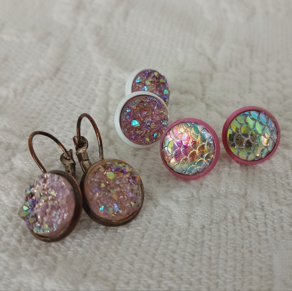 Pink Druzy Stud Earring Set Mermaid Iridescent Metallic Purple Glitter Dopamine - Picture 9 of 10